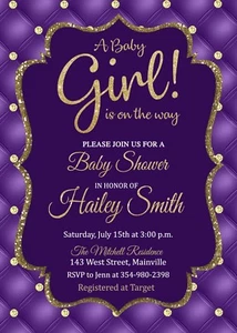 Girl Baby Shower Invitation, Purple, Gold, Princess, Baby Shower, Invitation - Picture 1 of 1