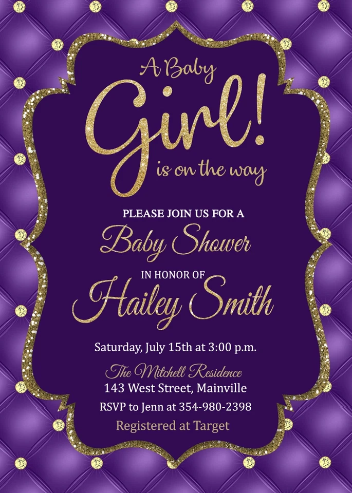Invitación Baby Shower Niña, Púrpura, Dorado, Princesa, Baby Shower, Invitación Foto 1 de 1
