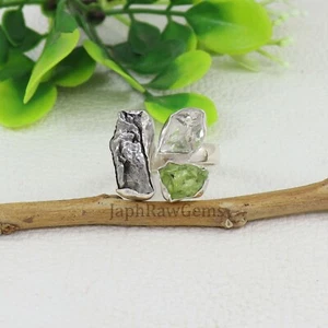 Raw Peridot Sterling Silver Bohemian Three Stone Healing Crystal Cocktail Ring  - Picture 1 of 6