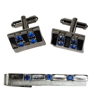 Speidel Silver Tone Textured Cufflinks & Tie Bar Matching Set Blue Rhinestones - Picture 1 of 12