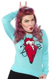 Sourpuss Lil Devil Punk Emo Goth Rocker Tattoo Chibi Kewpie Sweater SPSW33-L - Picture 1 of 4