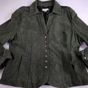 Christopher & Banks Women’s Size XL Jacket Lined Dark Green Leather Suede Snap - Picture 1 of 14