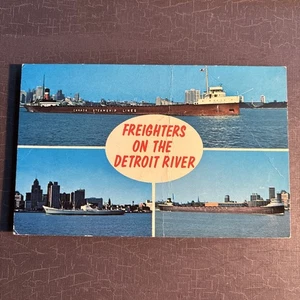 CARTOLINA SPEDIZIONE GRANDI LAGHI Freighters sul fiume Detroit Windsor Canada - Foto 1 di 4
