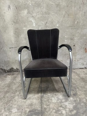 W.H. Gispen Cantilever Chair Art Deco Tubular Chrome Corduroy MCM Lounge - Image 1 of 4