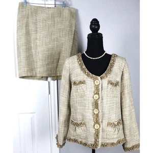Monroe & Main Tweed Skirt Suit Easter 2 Piece Cotton Blend Cream Brown 12 - Picture 1 of 7