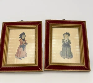 Vintage Kate Greenaway Drucke handgetönt Paar viktorianischer Stil rote Samtrahmen - Bild 1 von 11