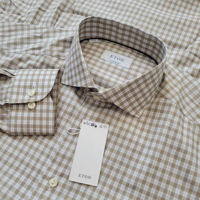 Eton NWT Contemporary Beige Check Twill Dress Shirt Men's 17 (43) XL - Image 1 of 3
