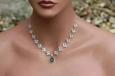 12Ct Pear Cut Lab Created Emerald Women's Tennis Necklace 14k White Gold Finish - Image 1 of 3