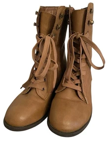 Bamboo Women’s Combat Boots Size 7M Brown Tan Faux Leather Side Zip Lug Soles - Picture 1 of 5