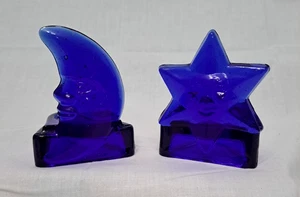 Vintage Blue Cobalt Glass Moon Face & Star Face Votive Candle Holders 4"x3"x2.5" - Picture 1 of 12