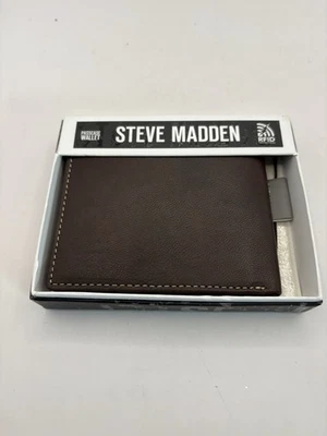 Steve Madden Mens Genuine Leather Bifold Wallet With RFDI Protection New Brown - Image 1 of 4