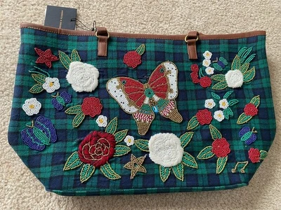 Bolsa tote America & Beyond azul verde xadrez tartan floral borboleta enfeitada NOVA - Imagem 1 de 4