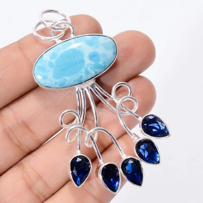 Colgante hecho a mano de plata 925 con piedras preciosas de zafiro Larimar creado en laboratorio 2,4" ARP-3926 Foto 1 de 3