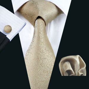 100% Silk Light Gold Men Tie Set Matching Pocket Square Cufflink Men Necktie Set