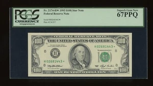 DBR 1993 $100 St. Louis STAR Superb Gem Fr. 2174-H* PCGS 67 PPQ Ser # H02681443* - Picture 1 of 2