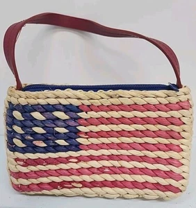 American Flag Straw Mini Bag 4" X 6" Red Handle/Lining Stars & Stripes Patriotic - Picture 1 of 6