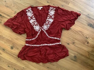 Knox Rose Maroon Floral Embroidered Blouse V Neck Boho Blouse Women's Size M - Picture 1 of 6