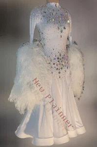 B9003 Pluma Mujer Baile Especialidad Adulto Vals Tango Vestido de Baile EE. UU. 8 Blanco - Imagen 1 de 5