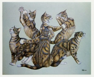 Katze Kunstdruck CRAZY CAT CHASING A FLY Zoe Stokes Illustration Vintage Wanddeko - Bild 1 von 3