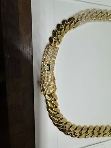 l 10k Pt Gold Link Chain Necklace Royal Cuban Monaco 13mm 24in CZ Box Clasp - Picture 1 of 4