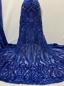 ROYAL BLUE Stretch Sequin Fabric/4 Way Stretch mesh on Royal Blue Sequin-by Yard - Picture 1 of 4