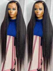 36-40 Inch Kinky Straight Brazilian Glueless Human Hair Wig 13x4 Lace Frontal - Picture 1 of 6