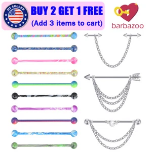 13pcs Industrial Barbell Stainless Steel Cartilage Helix Earring with Chain 14G - Picture 1 of 8