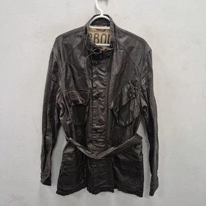 Barbour Duralinen Soft Linen Flyer Biker Brown Belt Coat Jacket Size Large Mens - Picture 1 of 10