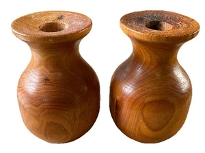 VTG Pair 4.5" Tall Rustic Wooden Taper Candleholders Felt Bottoms Farmhouse - Picture 1 of 8