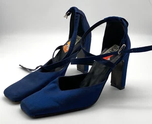 Vintage Hills Women Ankle Straps Square Toe High Block Blue Fabric Size 3 - Picture 1 of 14