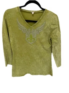 REBA  Studded Oiive Green Stone Wash Top 3/4 sleeves, Cotton, Sz Small - Picture 1 of 6