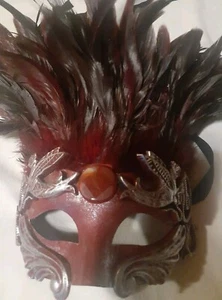 Feather Masquerade Party Mardi Gras MASK Real Gemstone Red Black Silver Beautifu - Picture 1 of 6