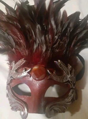 Feather Masquerade Party Mardi Gras MASK Real Gemstone Red Black Silver Beautifu - Image 1 of 4
