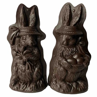Set/2 Primitive Tin Style Easter Bunny Rabbit Faux Resin Chocolate Looking Mold - Image 1 of 4
