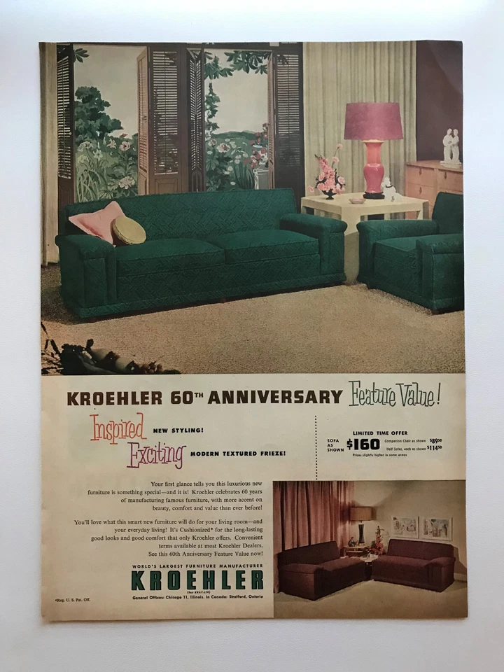 1953 Kroehler Furniture 60th Anniversary Vintage Print Ad Sofa Couch - Image 1 of 1