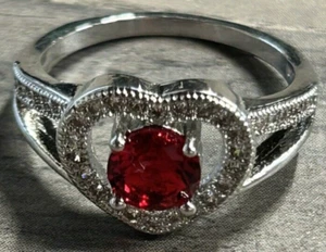 Silver Plated Red Stone Heart Shaped Promise Ring Size 7 - Picture 1 of 3