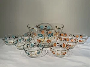 Vintage MCM Retro Floral Clear Glass Salad Bowl And 9 Serving Blue Orange Gold - Picture 1 of 11