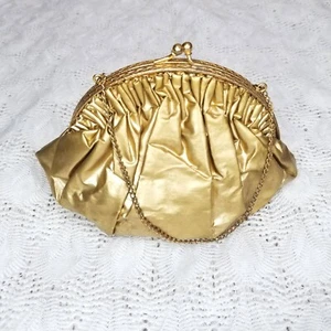 Vintage Gold Abendtasche winzig 6" x 4,5" Goldkette mit Kussverschluss Plissee MANGEL - Bild 1 von 12