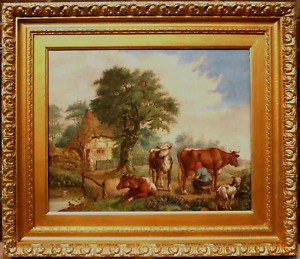 19 th Cen Antique Oil Painting Milking the Cattle on the Farm the Goat Watching