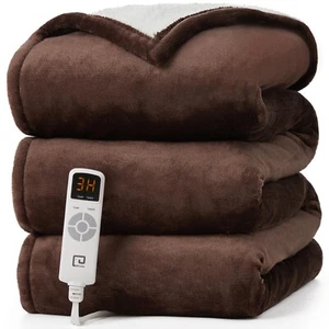 Queen Size Electric Warming Blanket Brown Sherpa Auto Off Washable - Picture 1 of 1