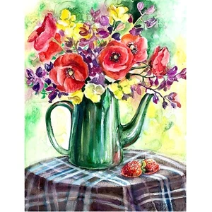 Watercolor Painting Original Flowers Bouquet Poppies Still Life Collectible Art - Picture 1 of 5