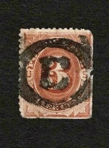 US 1879 #J3 Brown 3c Postage Due Double Letter "C" Fancy Cancel Faults Used - Picture 1 of 3