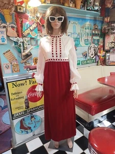 True Vintage Maxikleid Mitte des Jahrhunderts 1960er Jahre roter Samt Empire Taille hoher Ausschnitt S Mod - Bild 1 von 22