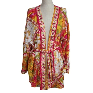 New Haute Hippie Kimono S Pink Orange Tropical Pineapple Tie Wrap Tunic - Picture 1 of 10