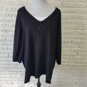 Top Catherines para mujer 2X Plus manga 3/4 negro mezcla de algodón ribete de encaje cómodo - Imagen 1 de 9