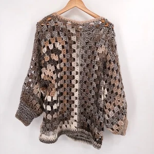 Handmade Crochet Granny Square Sweater L Brown Neutral Oversized Boho Retro Cozy - Picture 1 of 8