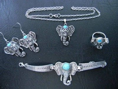 JUEGO DE JOYAS BRAZALETE, PENDIENTES, COLLAR Y ANILLO ELEFANTE TURQUESA IMITACIÓN MUJER Foto 1 de 4