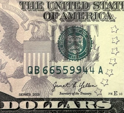 66559944 - Fancy Quad Doubles Serial - GEM 2021 $5 Bill Federal Reserve Note - Image 1 of 3