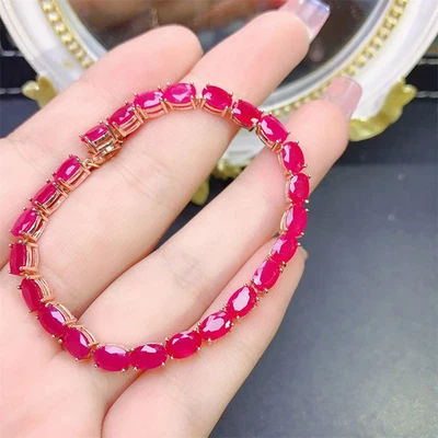 Brazalete de plata esterlina tono oro rosa para mujer rubí gema cadena con cuentas joyería Foto 1 de 4