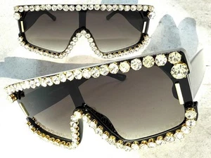 Oversize Exaggerated Retro Shield Bling SUNGLASSES Large Black Frame Rhinestones - Picture 1 of 6